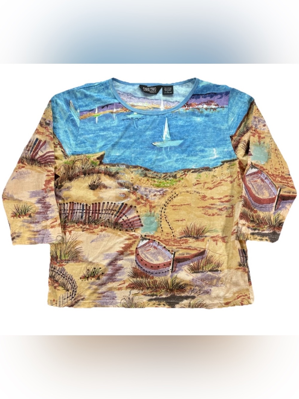 Vintage Take Two AOP Beach Shirt NWOT Women's Large Blue Embellished Y2K Whimsy